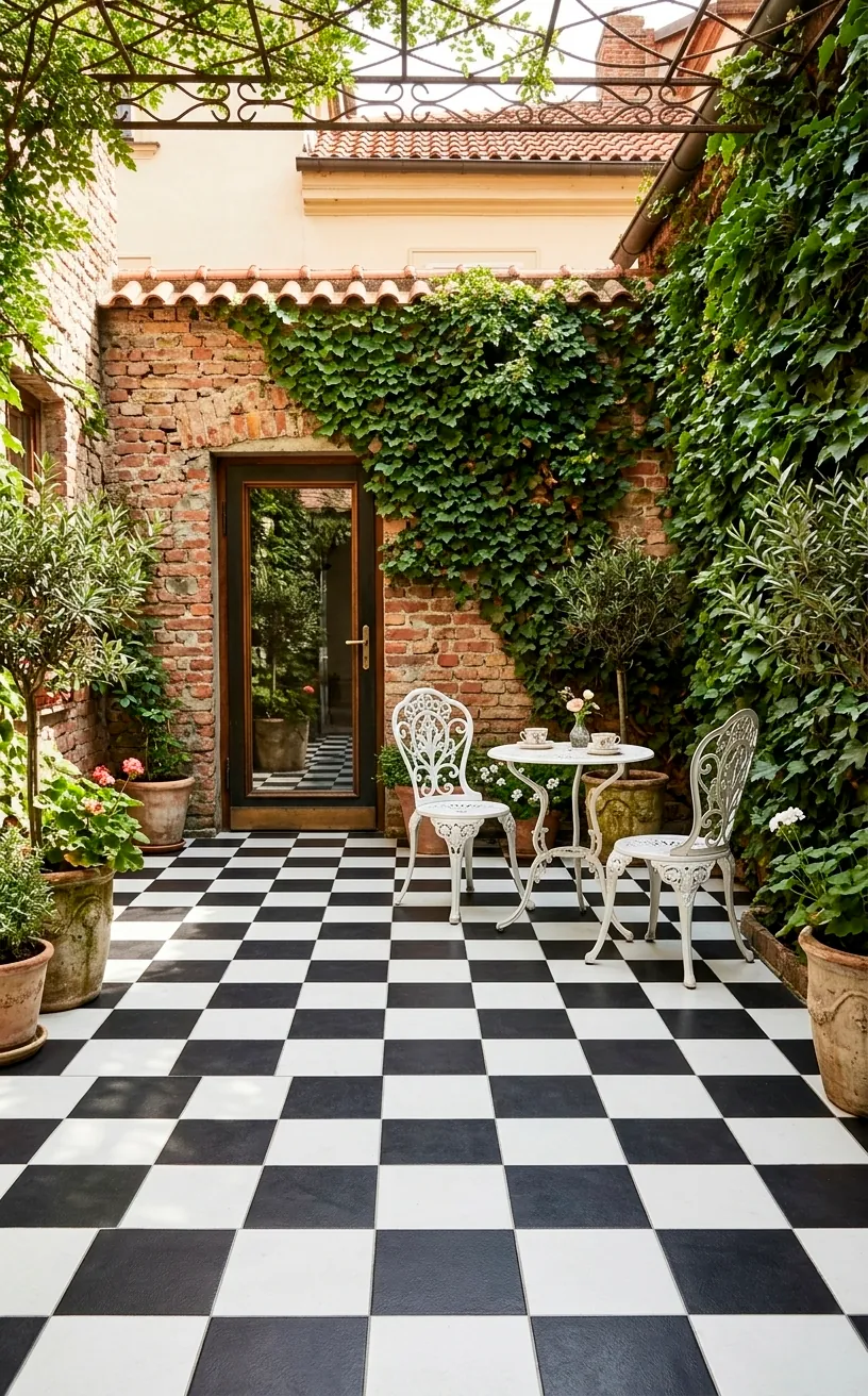 A classic patio with a bold black and white painted checkerboard floor pattern.