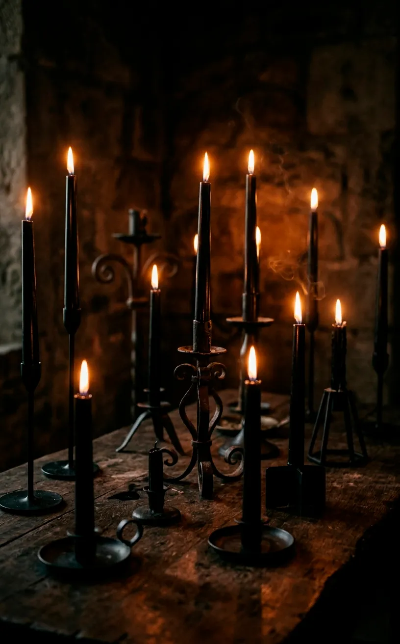 Group of lit black taper candles in modern holders with moody lighting.
