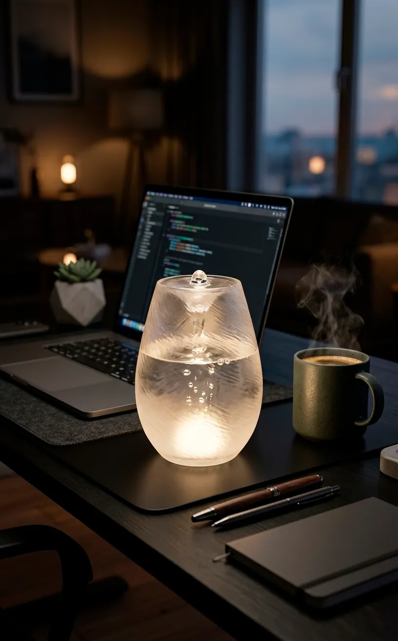 Glowy frosted glass bubbler fountain on a black desk in a moody modern office.