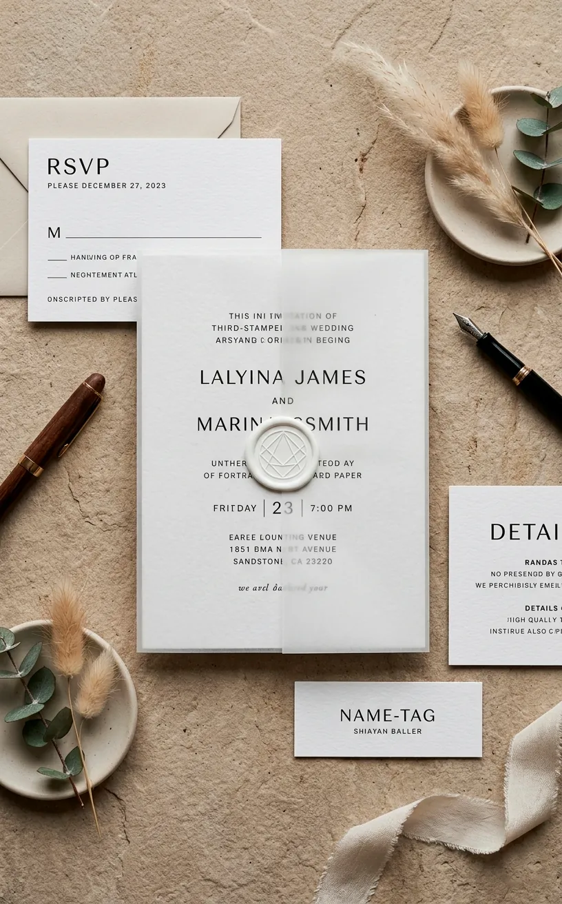 Modern minimalist wedding invitation with vellum wrap and white wax seal.