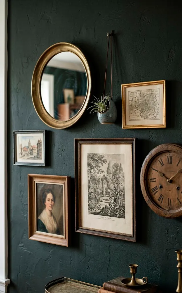 Mixed-media gallery wall with mirrors, plants, and art in an asymmetrical cloud layout.