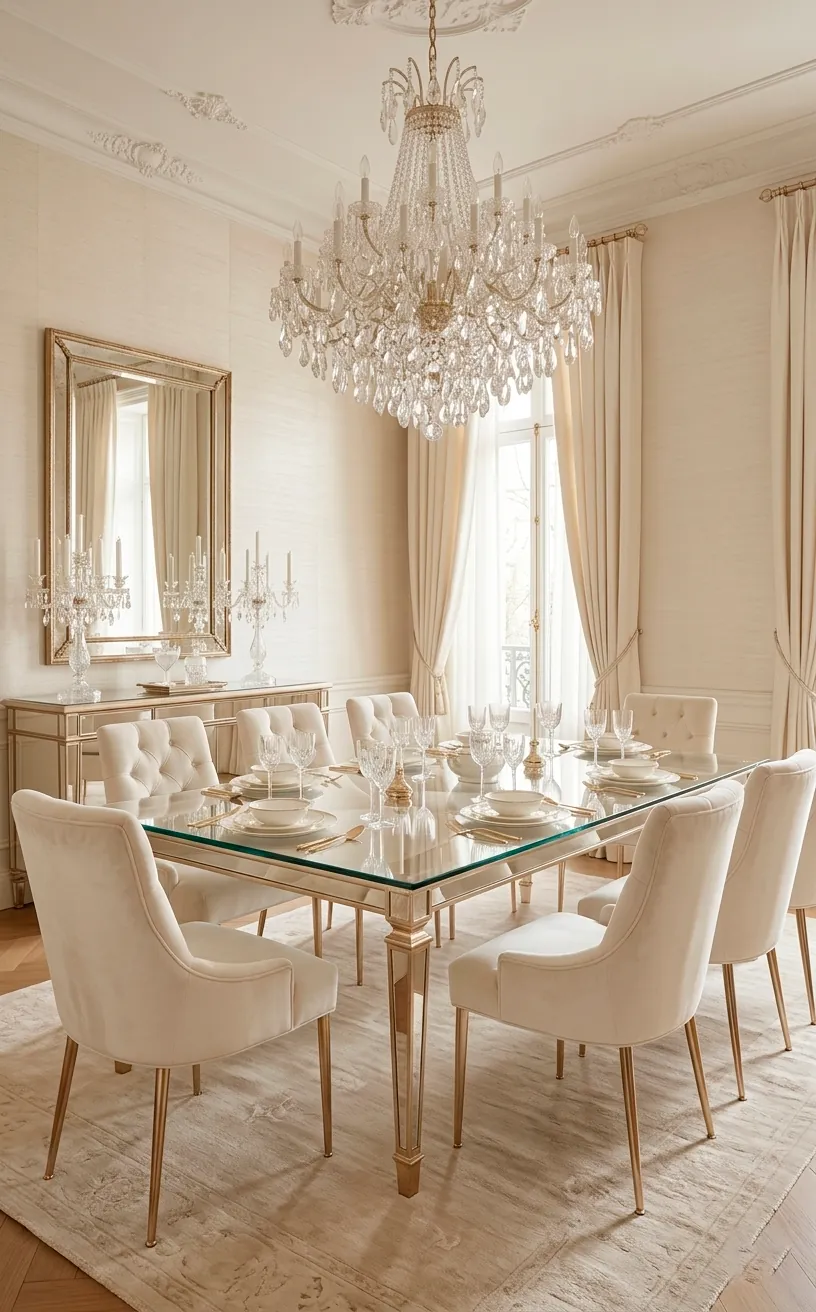 Luxurious ivory and champagne dining room with glass table.