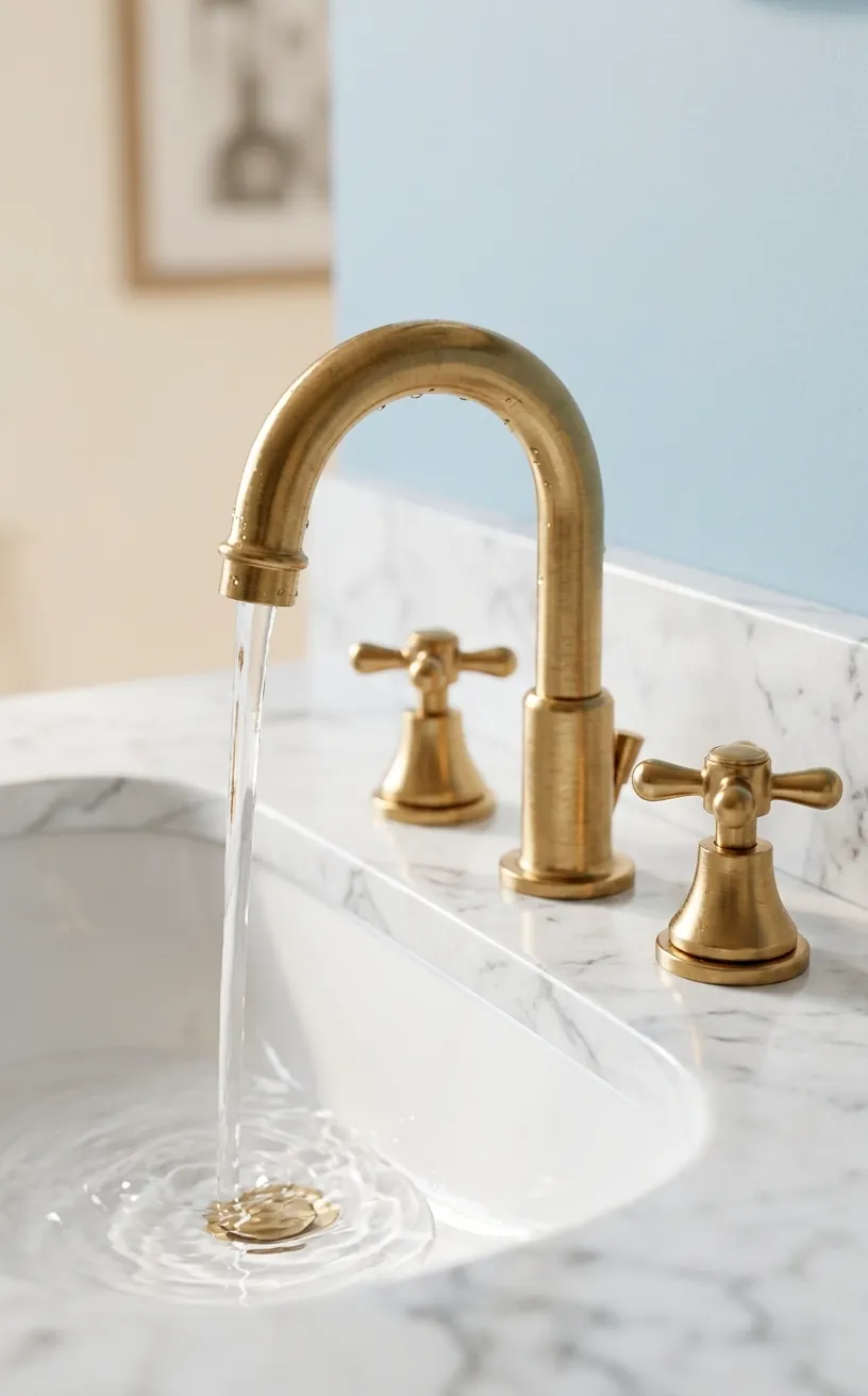 Brushed brass faucet on a white marble sink in a coastal bathroom.
