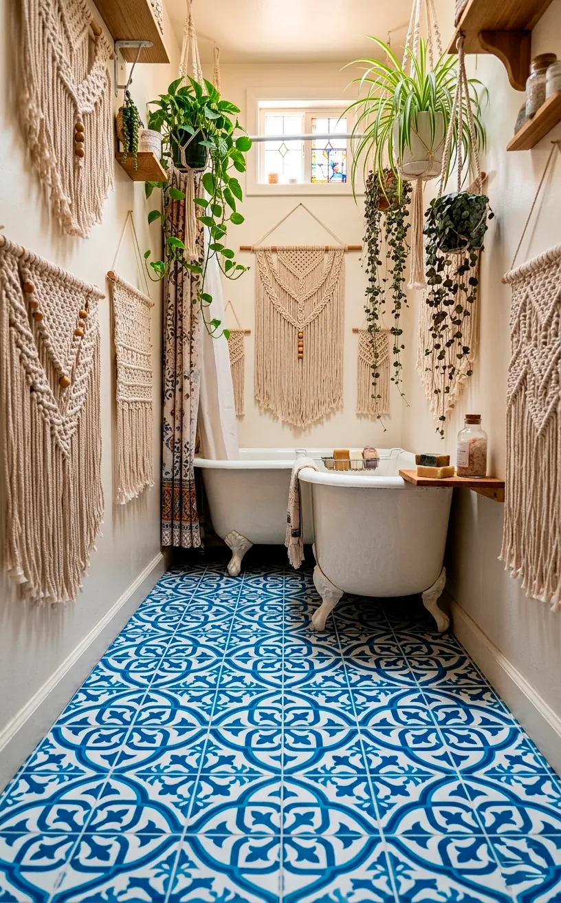 Blue and white Moroccan pattern peel and stick tiles in a bohemian style bathroom.
