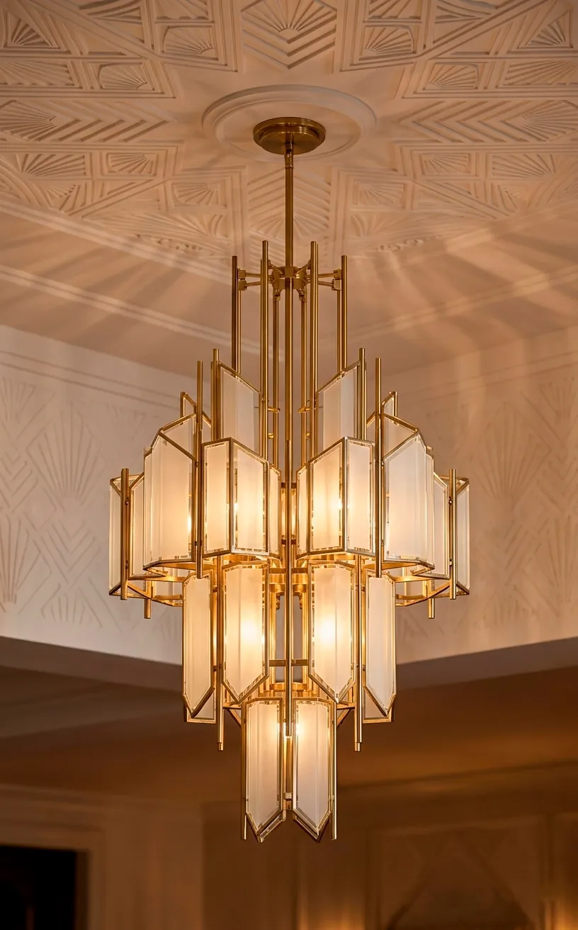 Tiered Art Deco chandelier with frosted glass and brass accents.