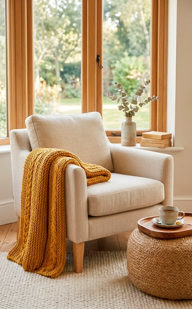 Chunky knit mustard yellow cotton throw blanket draped over a neutral linen armchair.