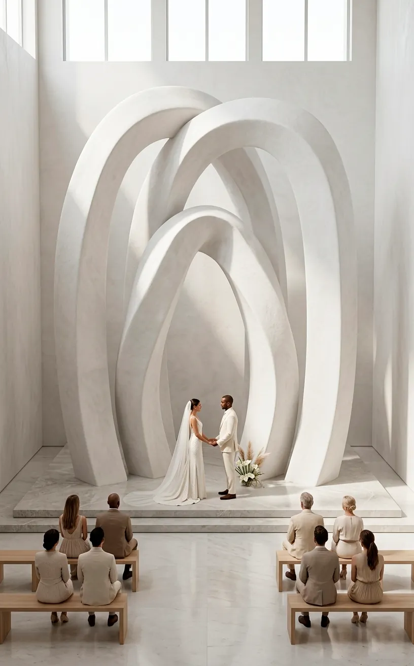 Large abstract white plaster wedding arch with organic curved shapes.