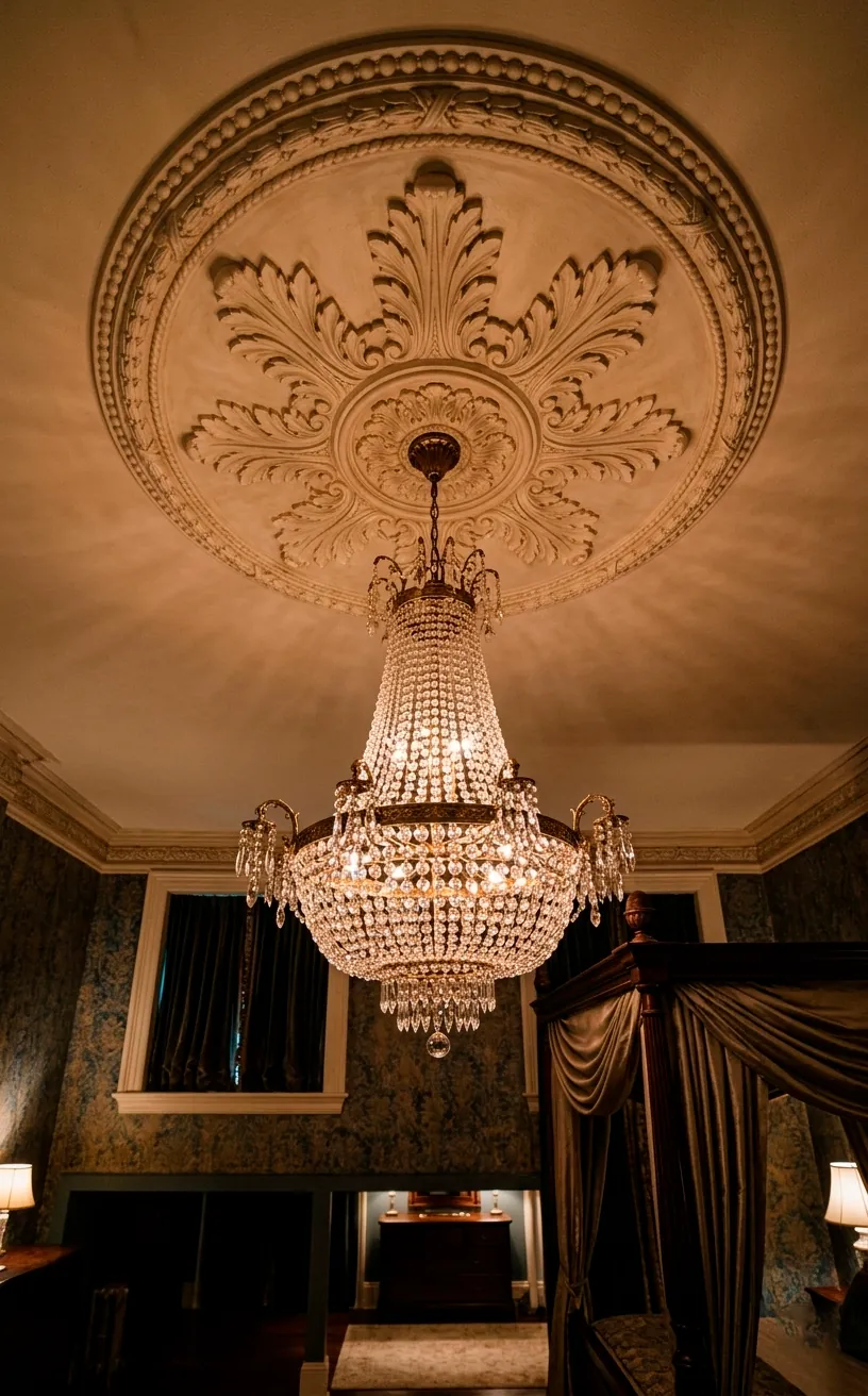 Vintage crystal chandelier hanging in a French-style bedroom.