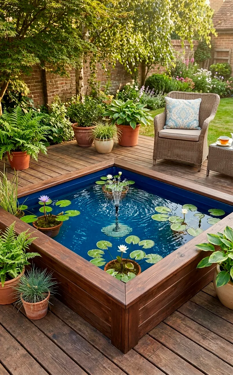 Small sapphire blue container pond built into a wooden garden deck.
