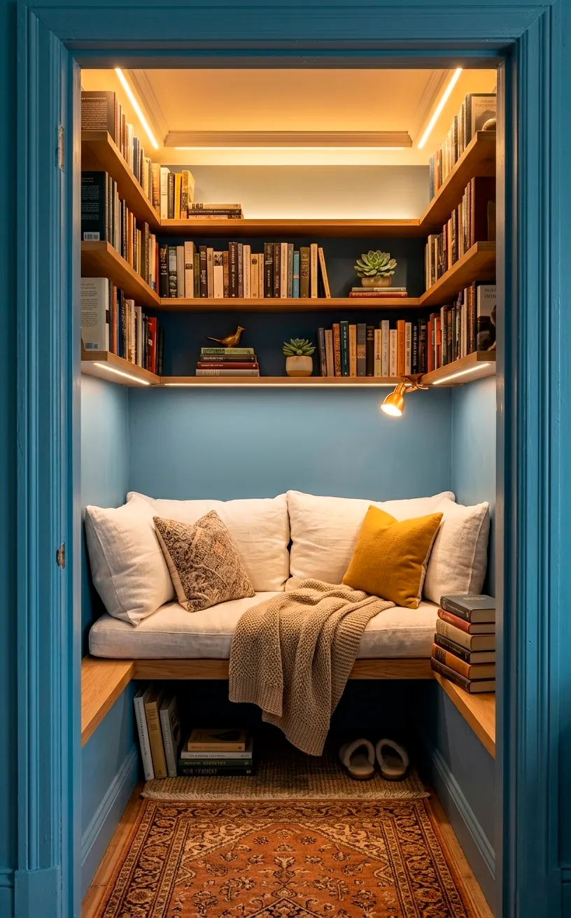 Converted closet reading nook with dusty blue walls and a built-in white bench seat.