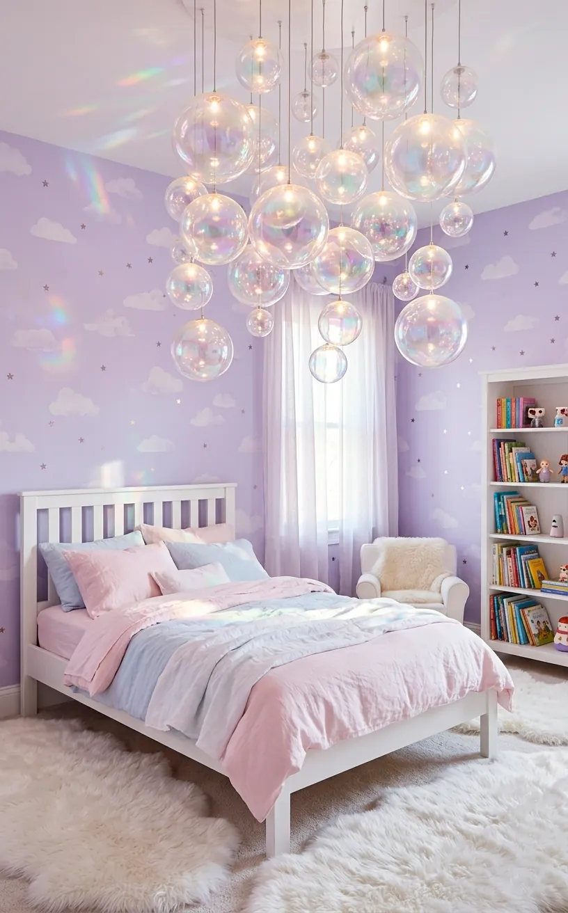 Iridescent glass bubble chandelier cluster in a bright luxury lavender bedroom.