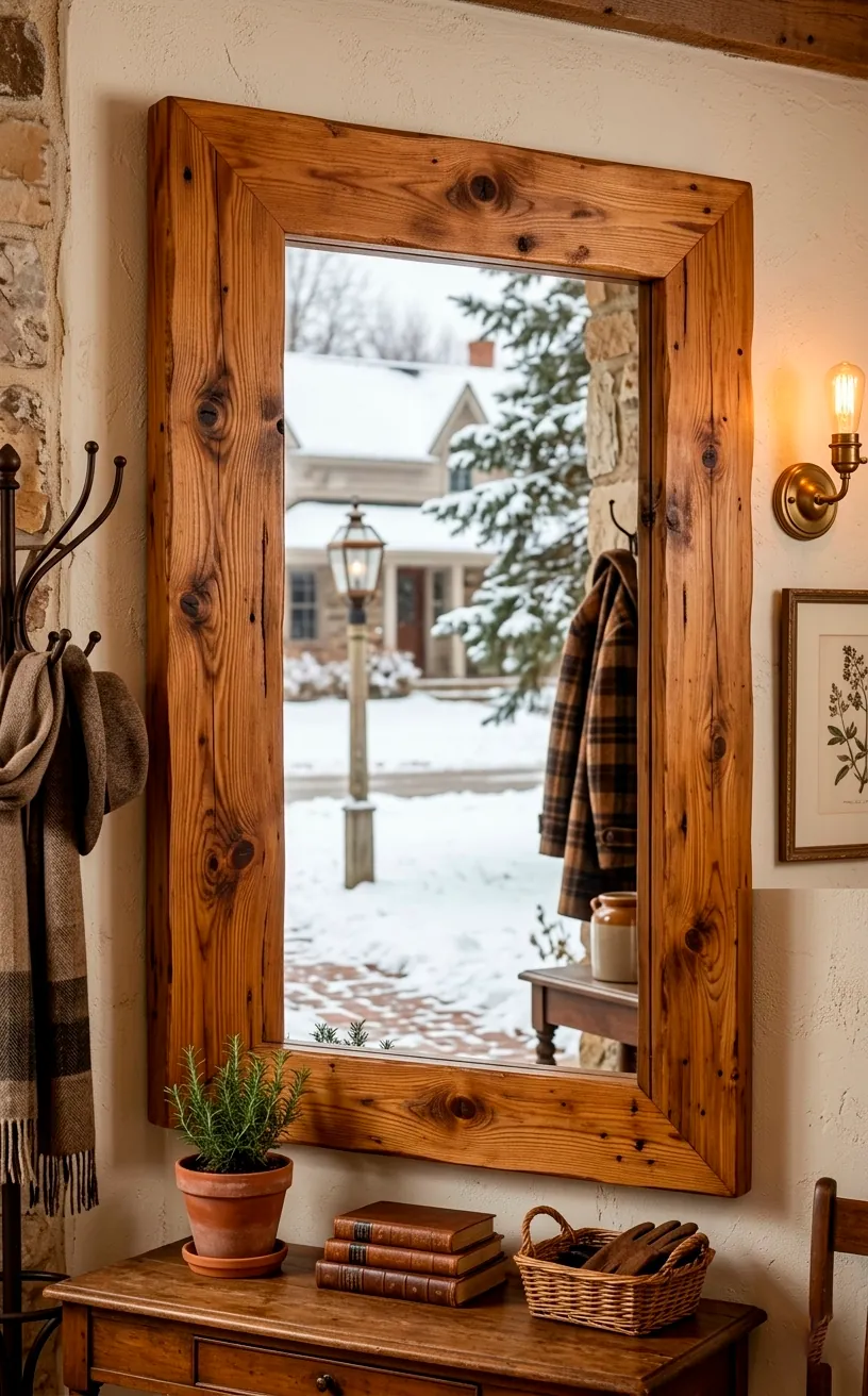 A large rustic mirror with a thick cedar frame hanging in a cozy entryway.