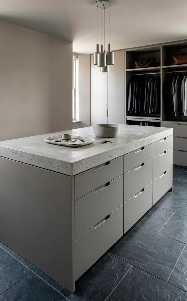 Modern dressing room island with concrete countertop and slate tile flooring.