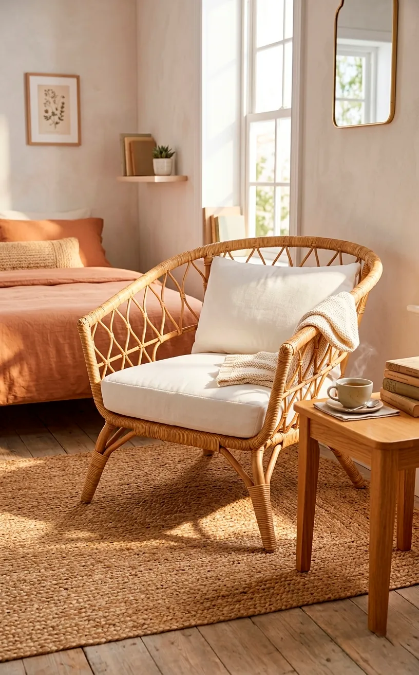 Rattan accent chair and jute rug in a cozy coastal guest room corner.