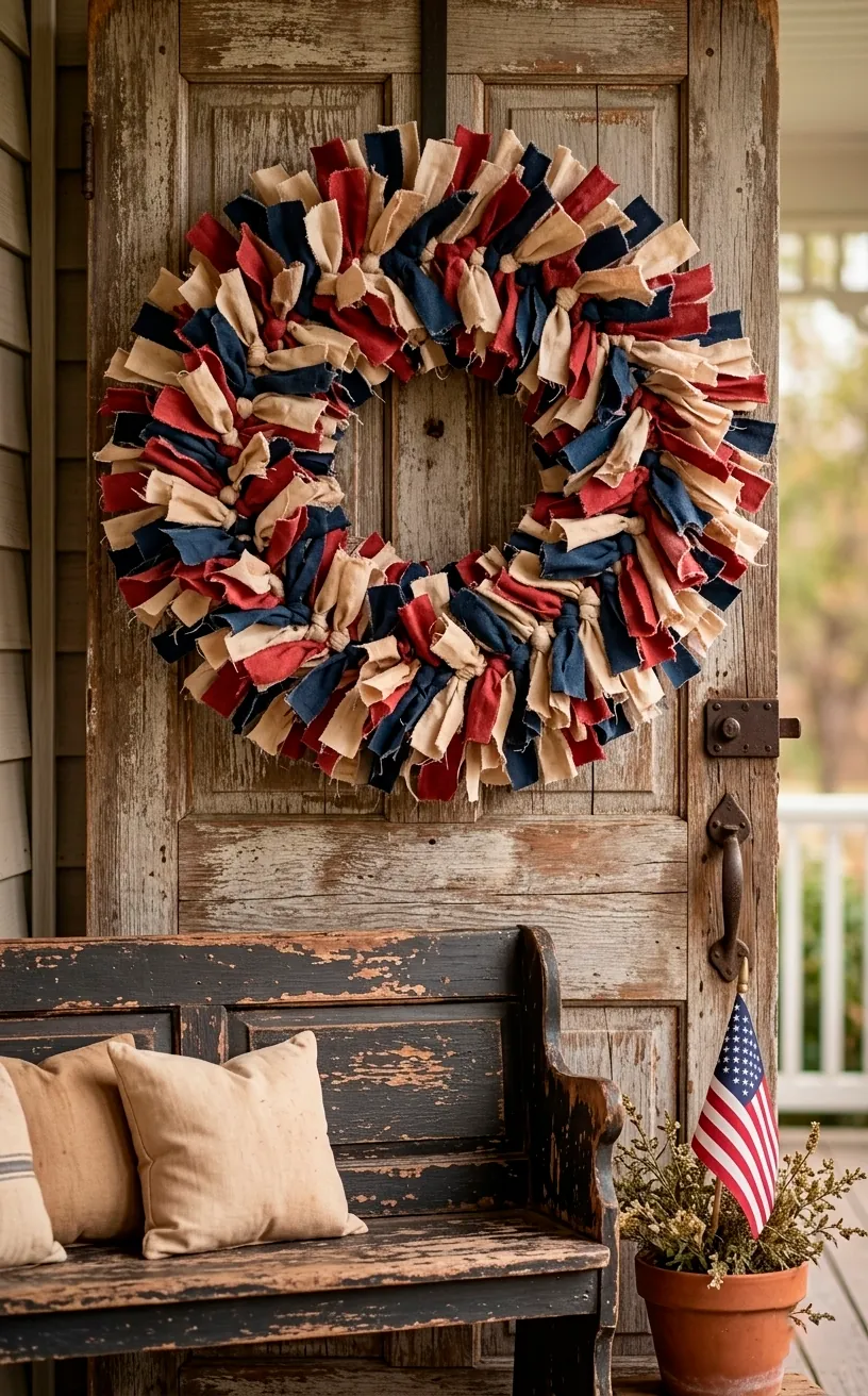 Tea-stained fabric scrap wreath in patriotic colors on a rustic door.