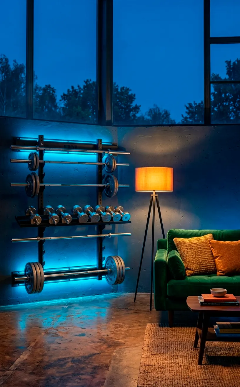 Smart LED gym lighting and warm living room lamps creating a dual-zone atmosphere.