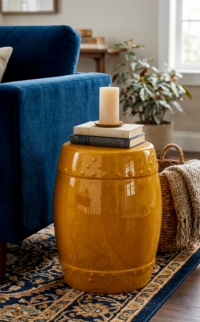 Glossy mustard yellow ceramic stool used as a side table in a modern living room.