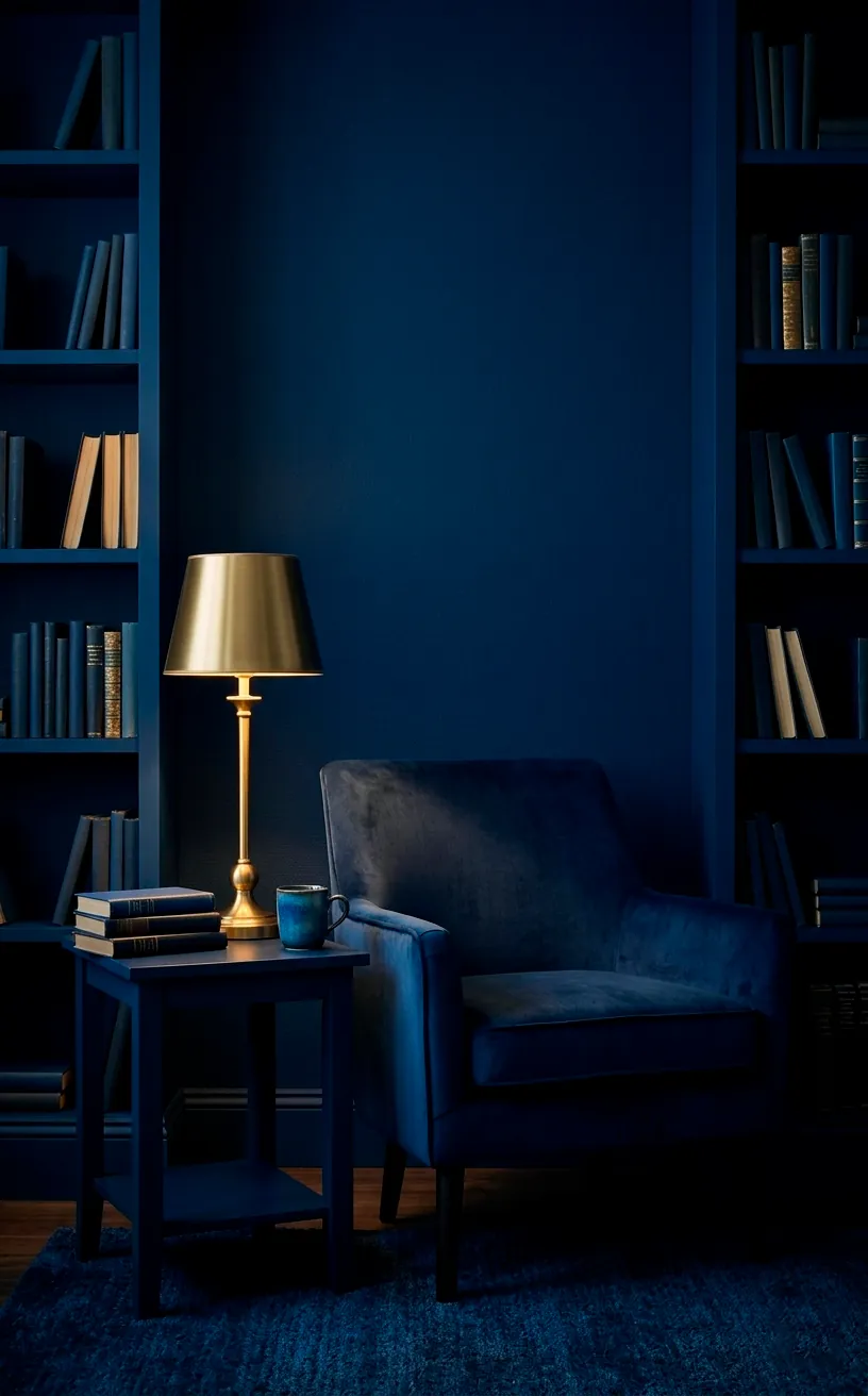 Deep navy blue color-drenched reading nook with matching furniture and walls.