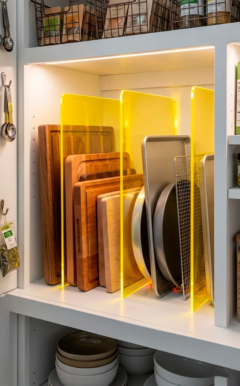 Yellow transparent acrylic shelf dividers organizing cutting boards in a pantry.