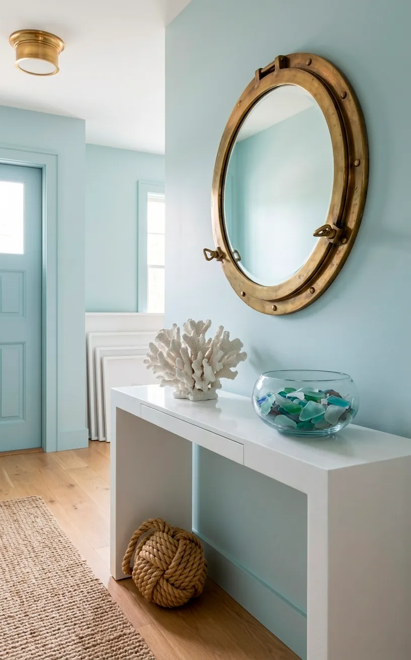 Sophisticated nautical entryway with brass mirror and coral sculpture.