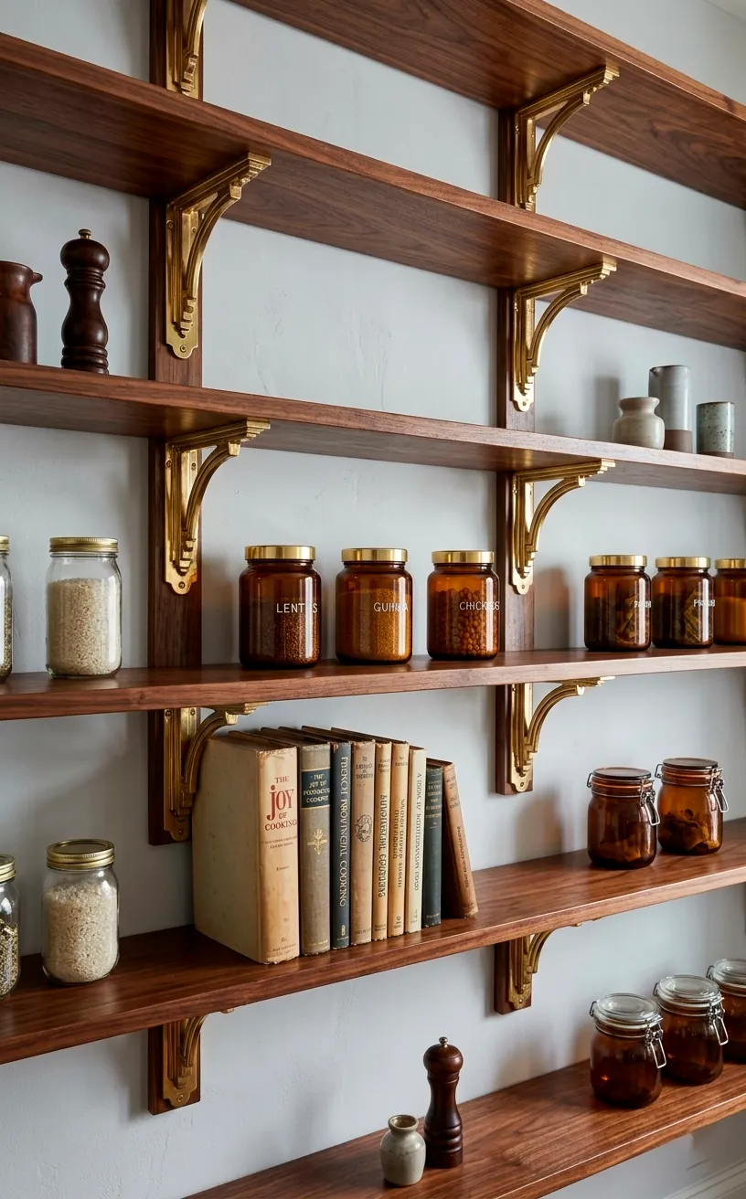 Dark walnut pantry shelves with decorative Art Deco brass brackets.