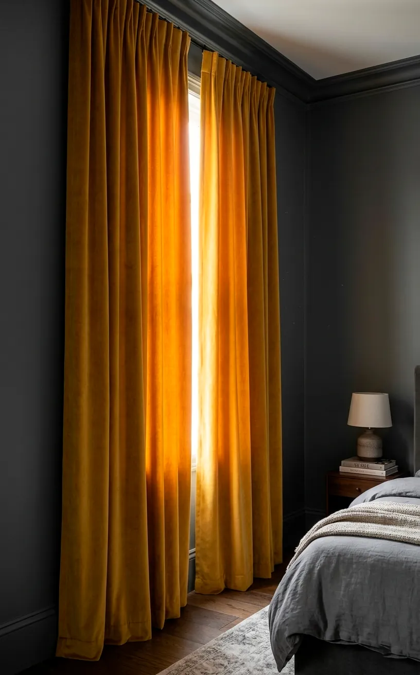 Floor-to-ceiling mustard yellow velvet curtains in a modern bedroom with grey walls.