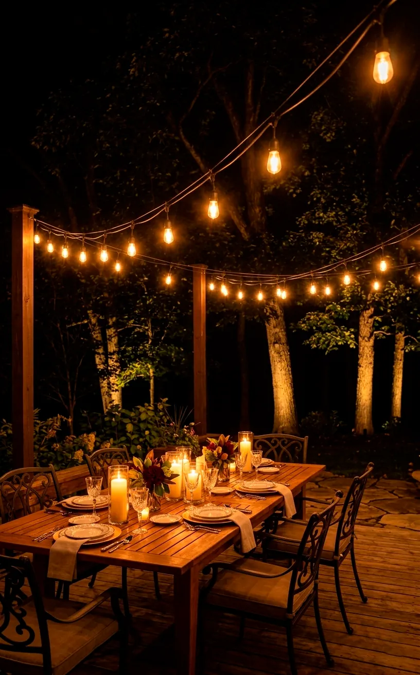 Patio at night with warm string lights and glowing tree uplighting.