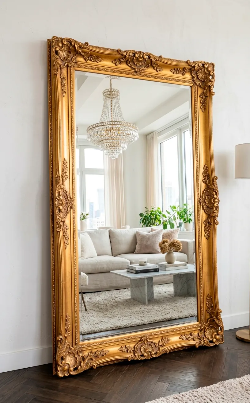 Large ornate gold floor mirror leaning against a wall in a bright apartment.