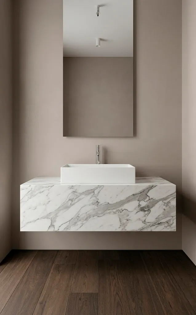 Floating white marble vanity with grey veins in a modern, minimalist powder room.