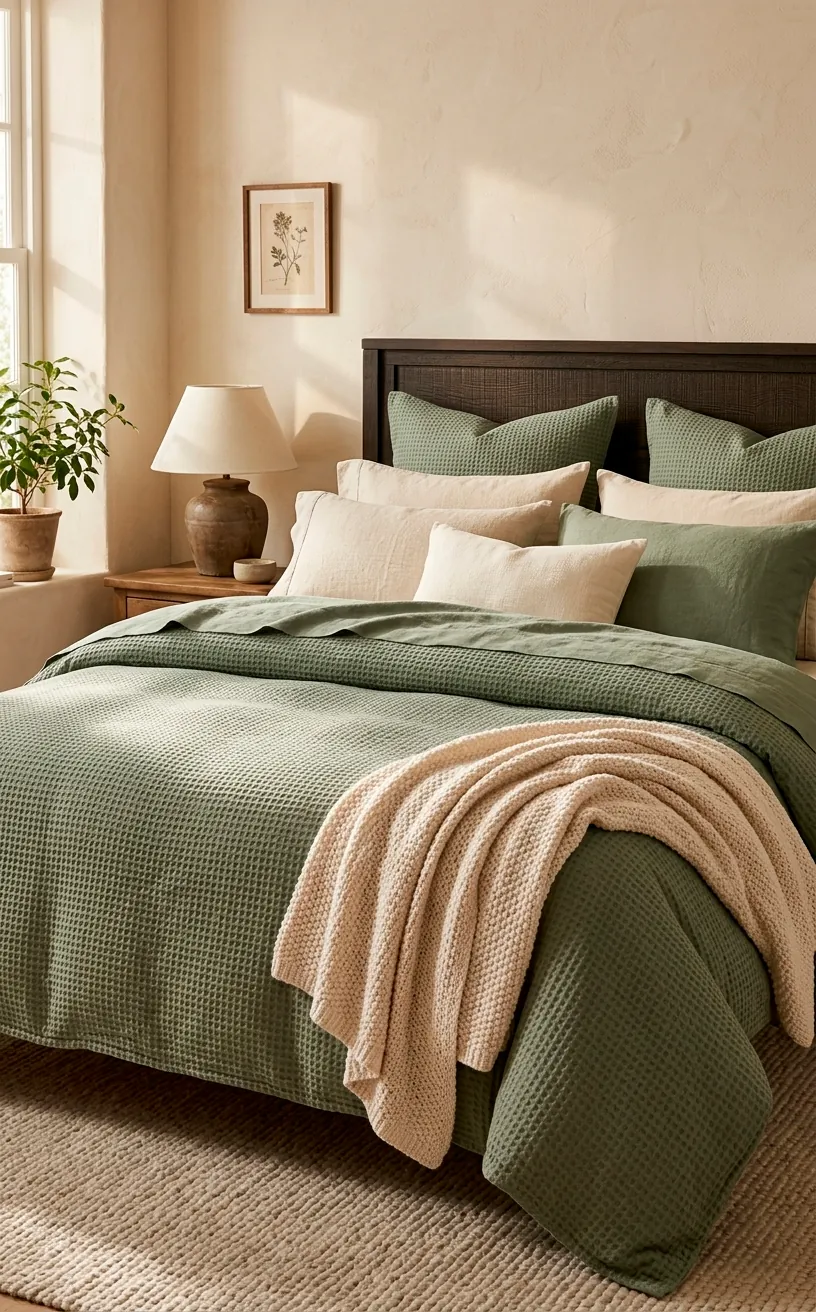 Bed with sage green waffle-weave bedding and cream pillows in a bright bedroom.