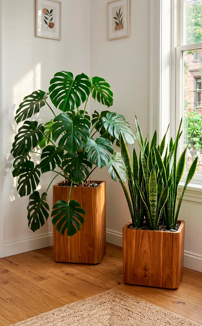 Mid-century modern teak wood planters with tapered legs holding large indoor plants.