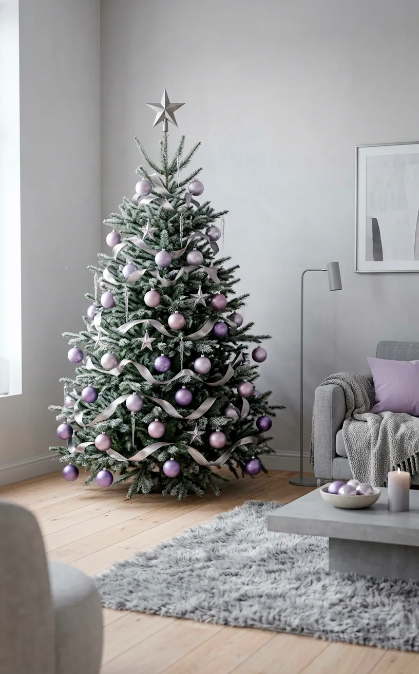Minimalist living room with a lavender and pewter themed Christmas tree.