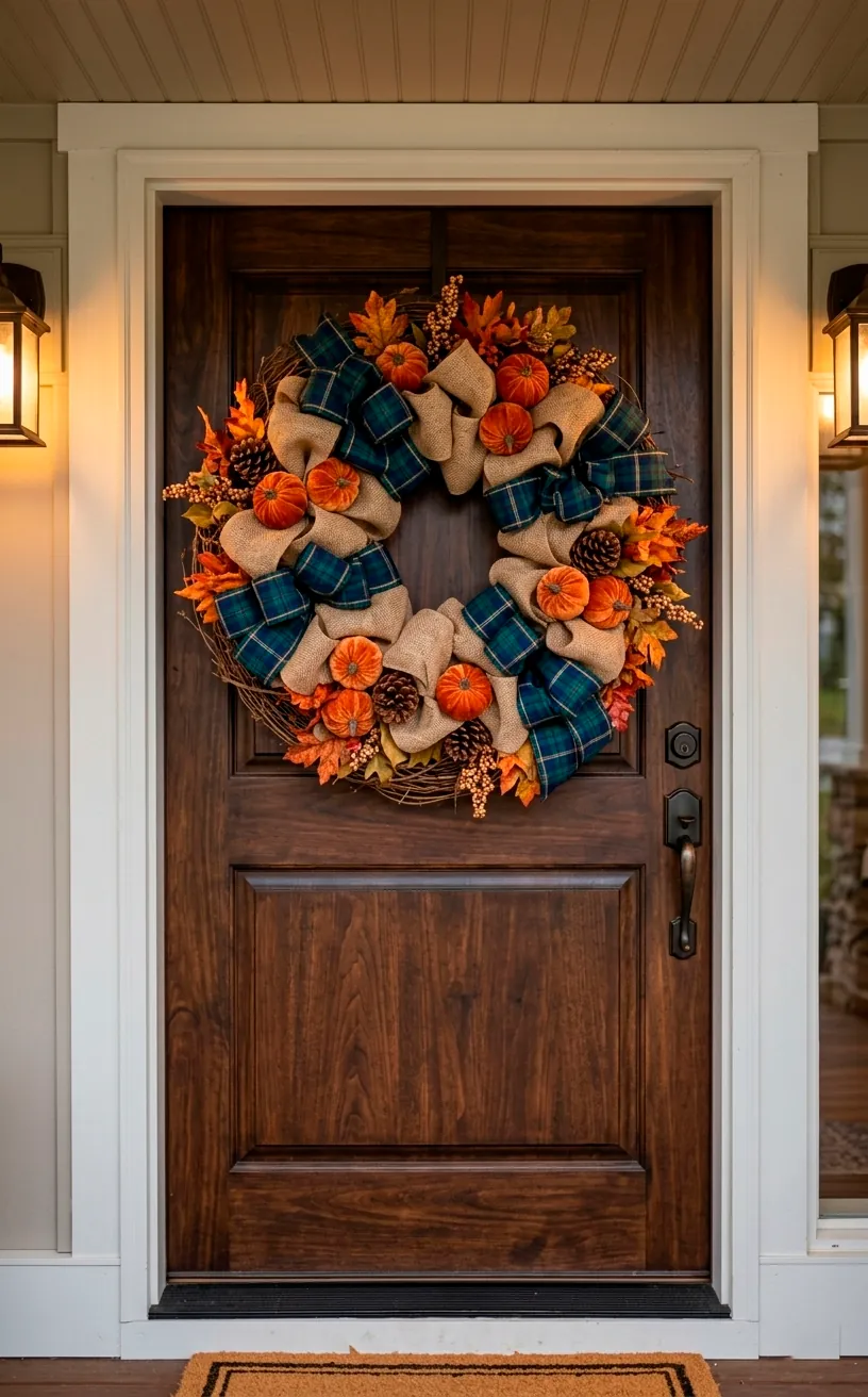 Navy and green plaid ribbon wreath with small orange pumpkins on a dark wood door.