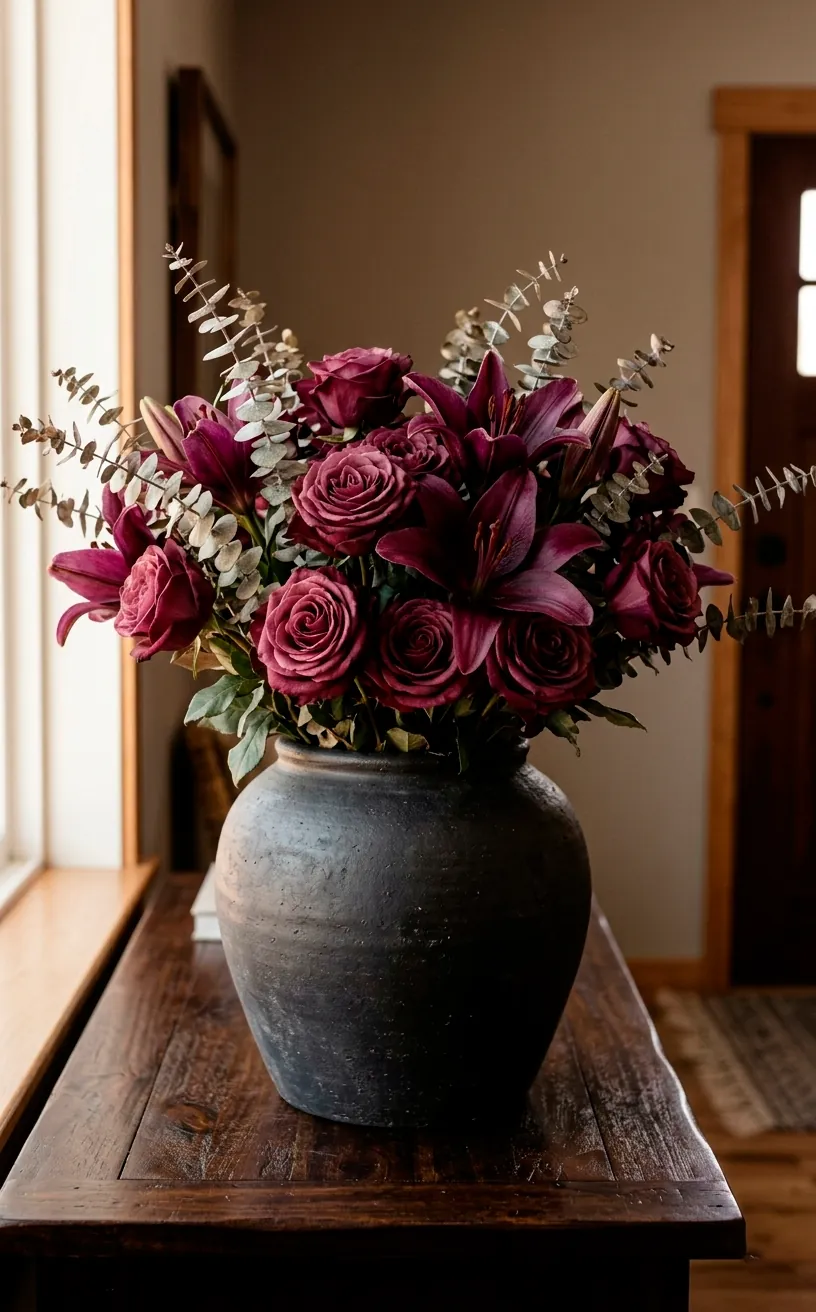Moody fall floral arrangement with plum roses in a charcoal vase.