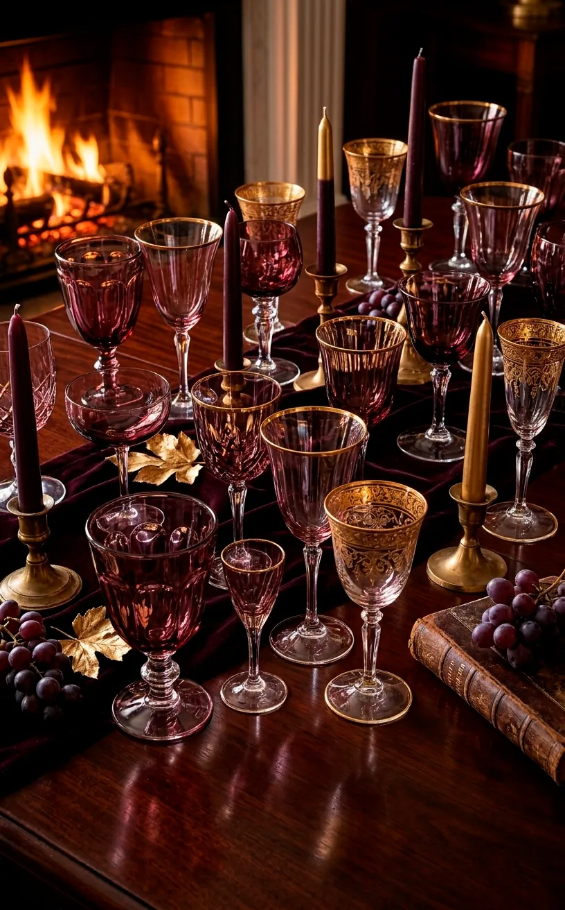 Collection of vintage plum glassware and gold-rimmed goblets on a mahogany table.
