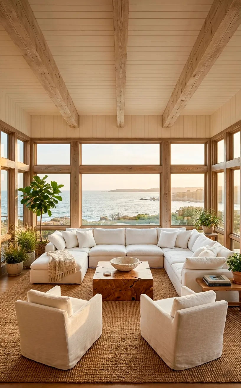 A large, airy coastal living room with white sofas and expansive ocean views through tall windows.