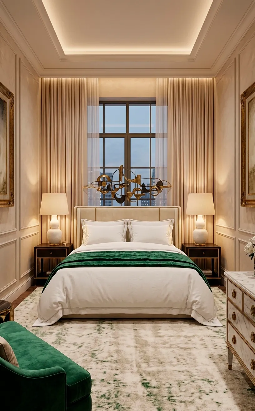 Symmetrical luxury bedroom with emerald green accents and matching gold-trim nightstands.