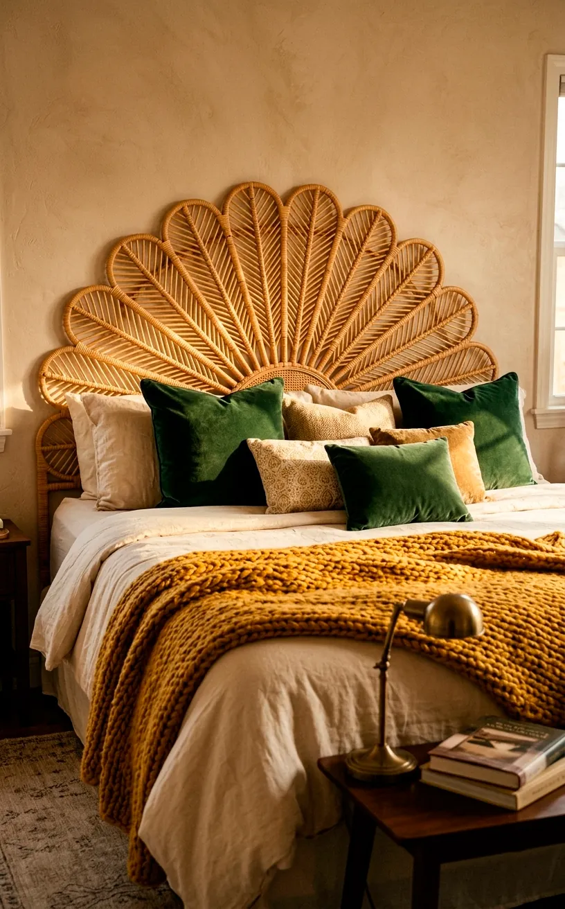 Close-up hero shot of a rattan headboard with layered mustard knit throws and velvet pillows in a boho room.