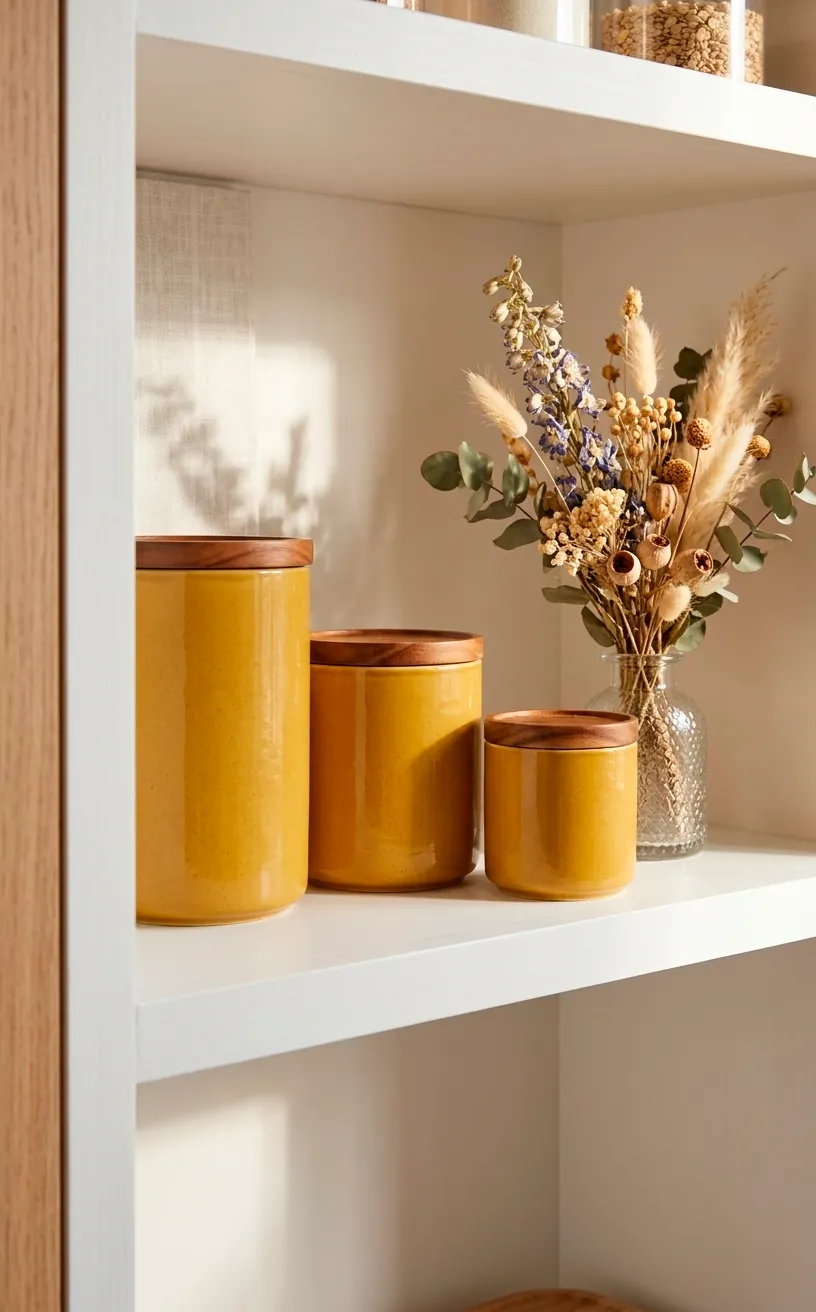 Mustard yellow ceramic storage jars with wooden lids on a white pantry shelf.