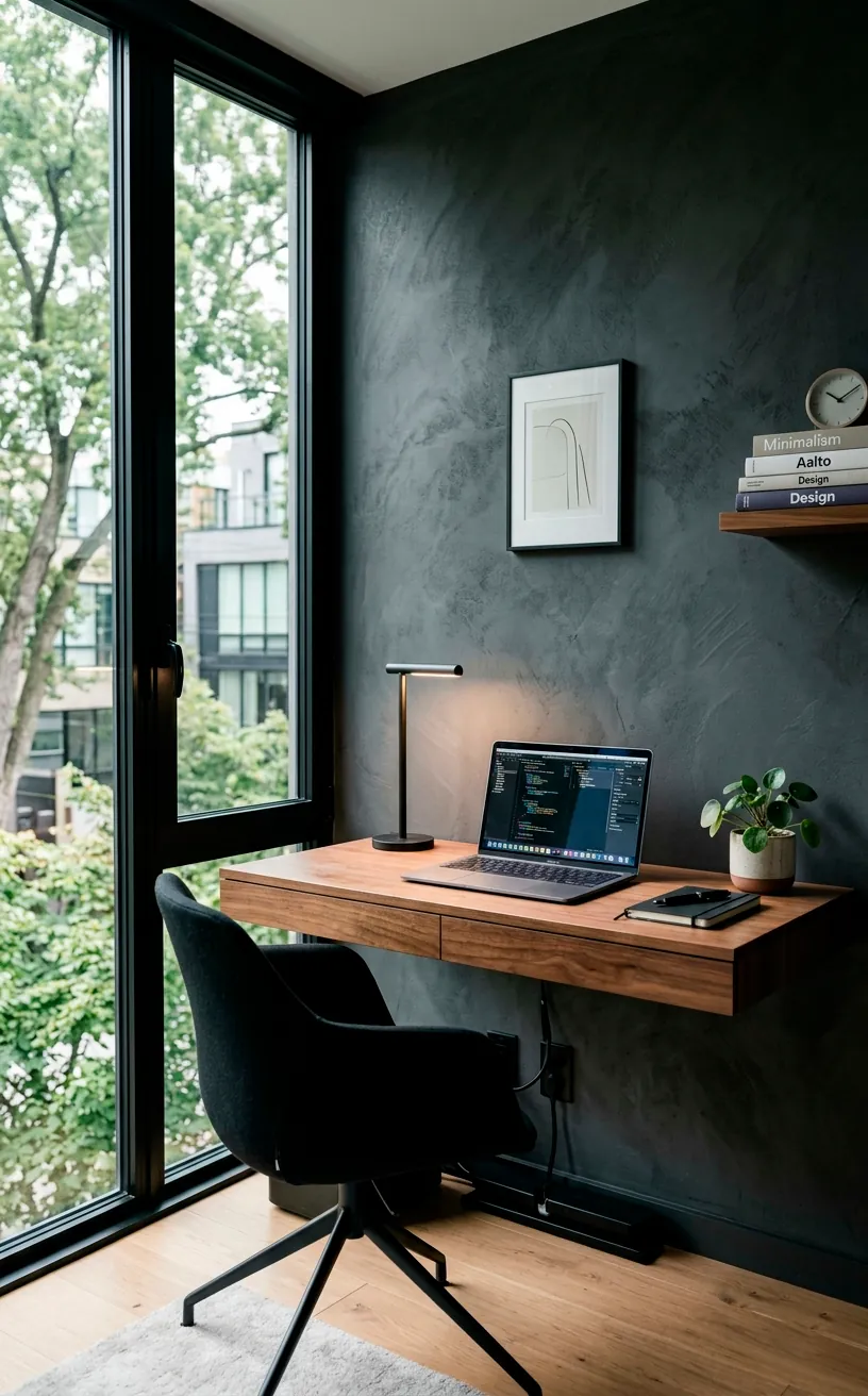 A sleek walnut floating desk mounted on a charcoal wall in a modern minimalist office.