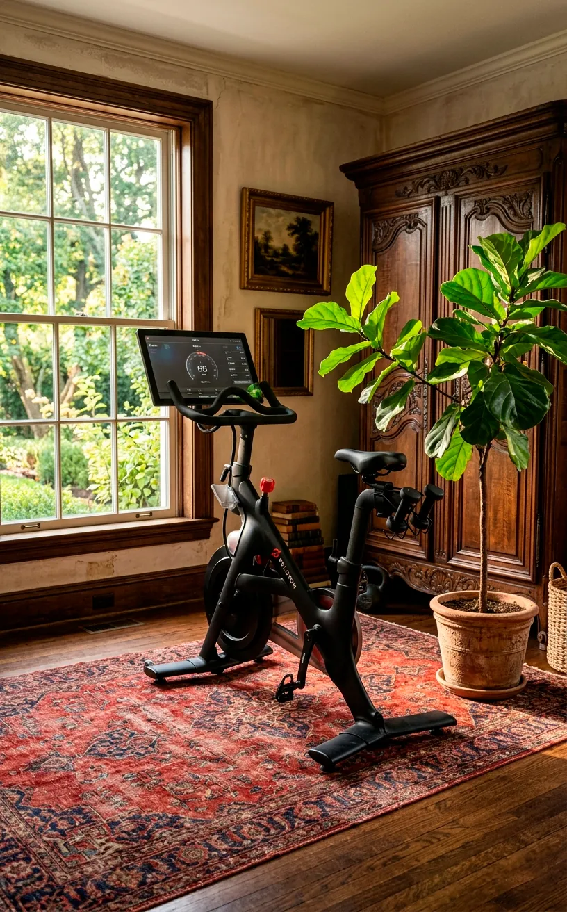 Modern stationary bike on a vintage red Persian rug in a sunlit room with antique furniture.