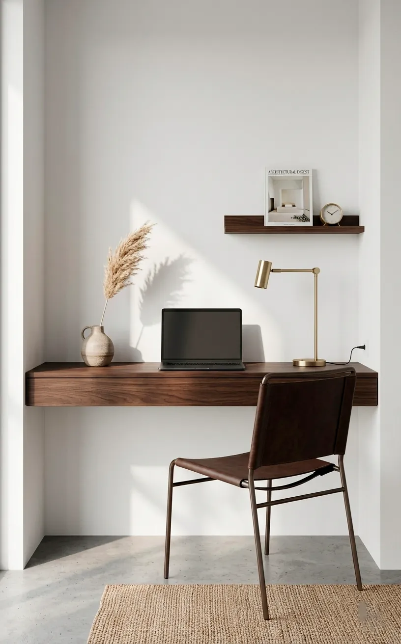 A sleek dark walnut floating desk mounted on a white wall in a minimalist study nook setup.