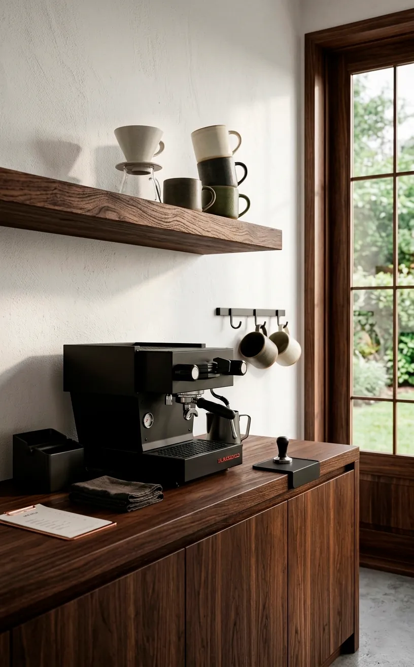 Minimalist dark walnut floating shelf above a sleek black espresso machine in a bright kitchen.