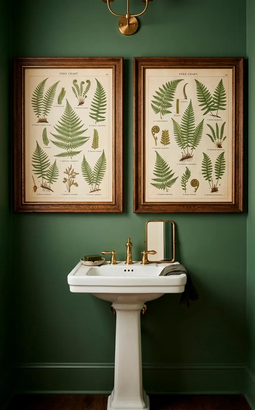 Vintage fern botanical prints in dark wood frames on a sage green bathroom wall.
