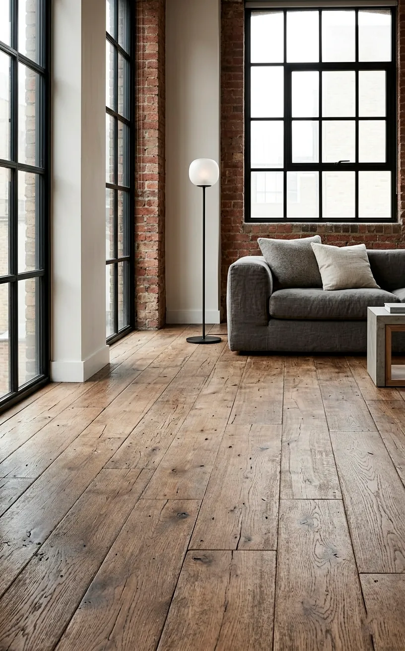 Wide plank matte reclaimed wood flooring in a bright Neo-Industrial living room.
