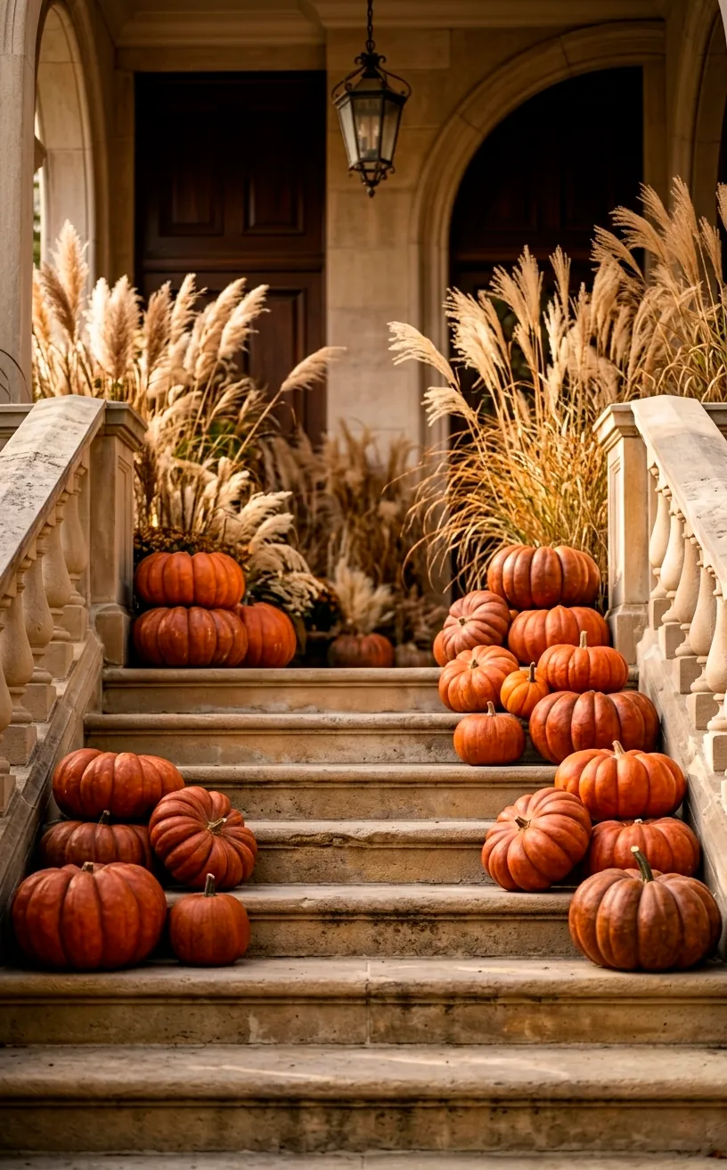Stacked Musquee de Provence pumpkins on stone porch steps in the morning sun.