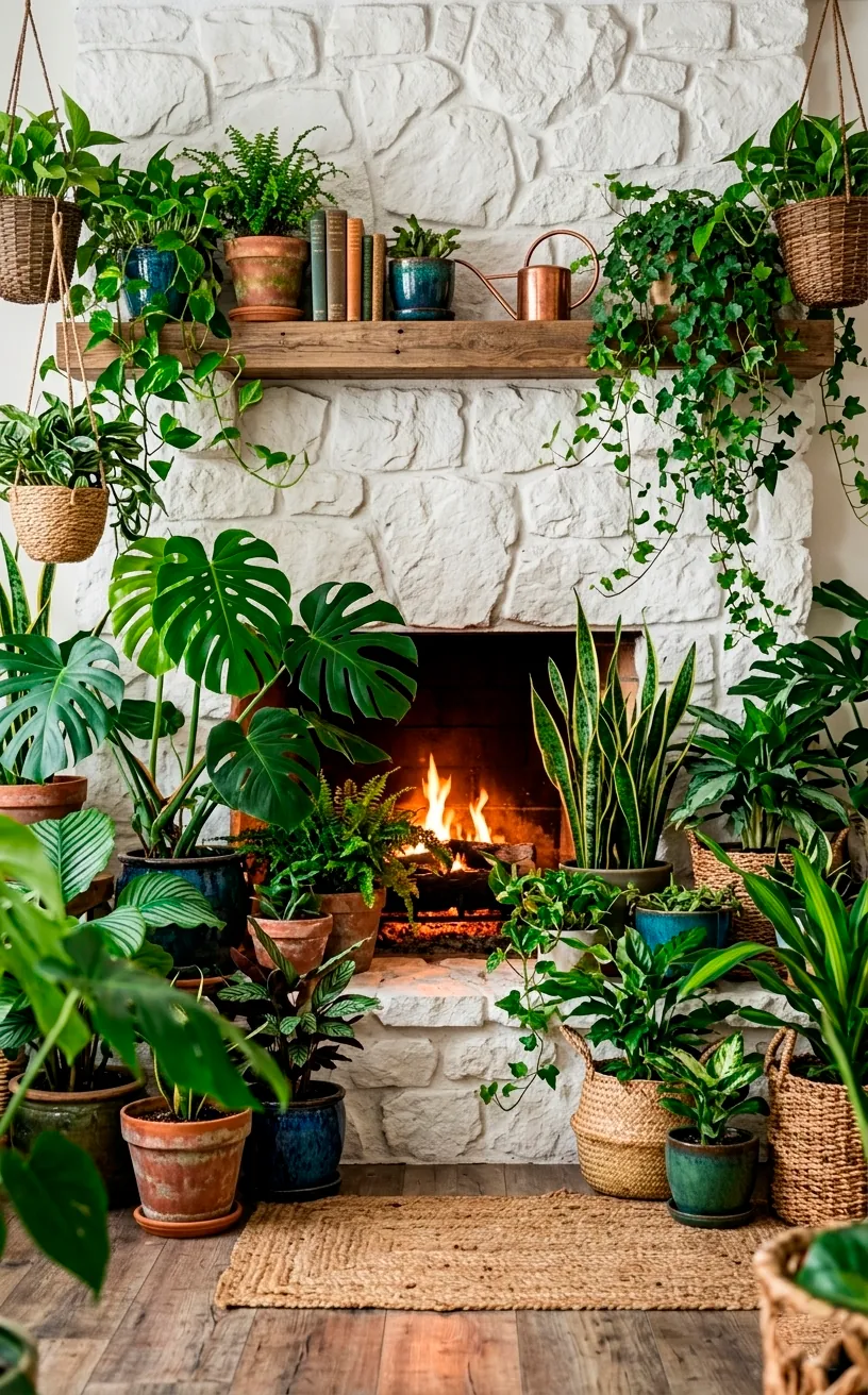 Abundant indoor plants arranged around a stone fireplace in a boho living room.