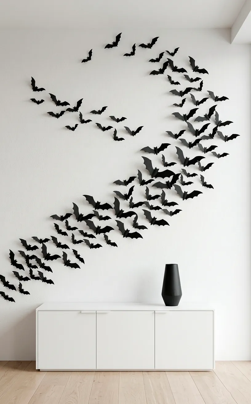 White wall with matte black 3D bat decals in an organic flying pattern above a modern credenza