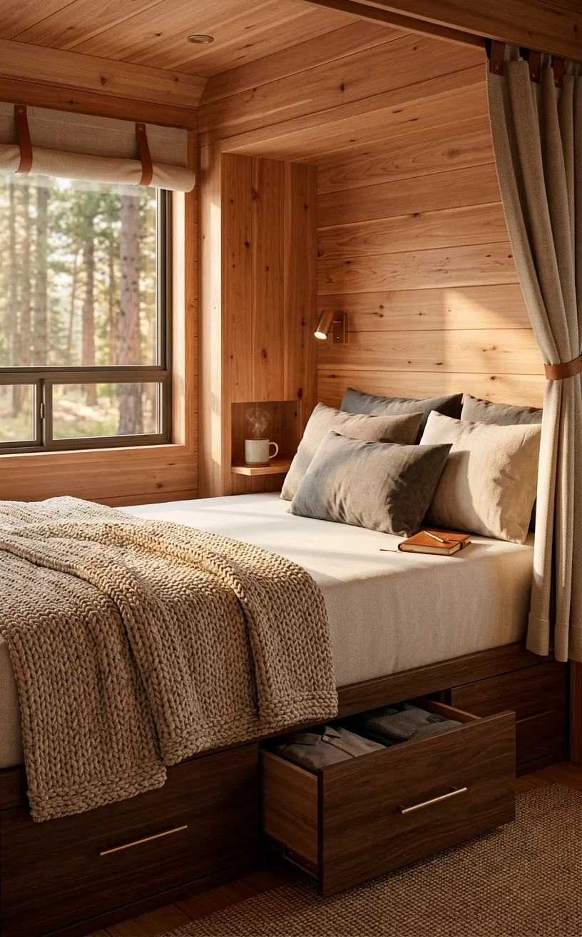 High-end van life bedroom with memory foam mattress and cedar panels.