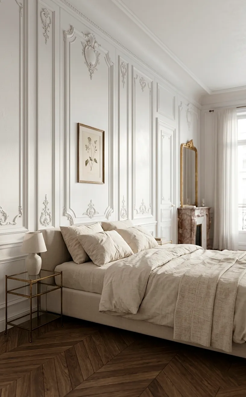 Detailed white wall moldings in a Parisian bedroom with soft morning light.